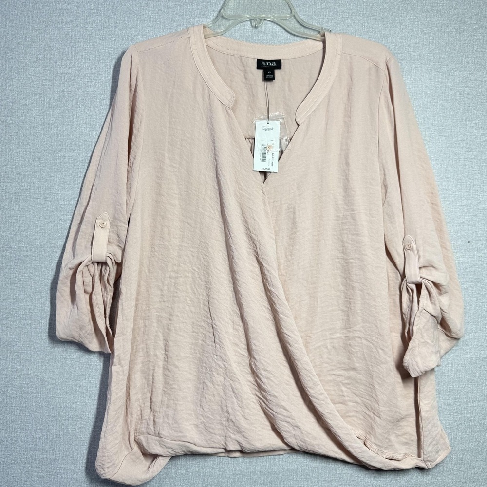 A.n.a Blouse Womens XL Pink Surplice V‎ Neck 3/4 Roll Tab Sleeve Tunic Top New